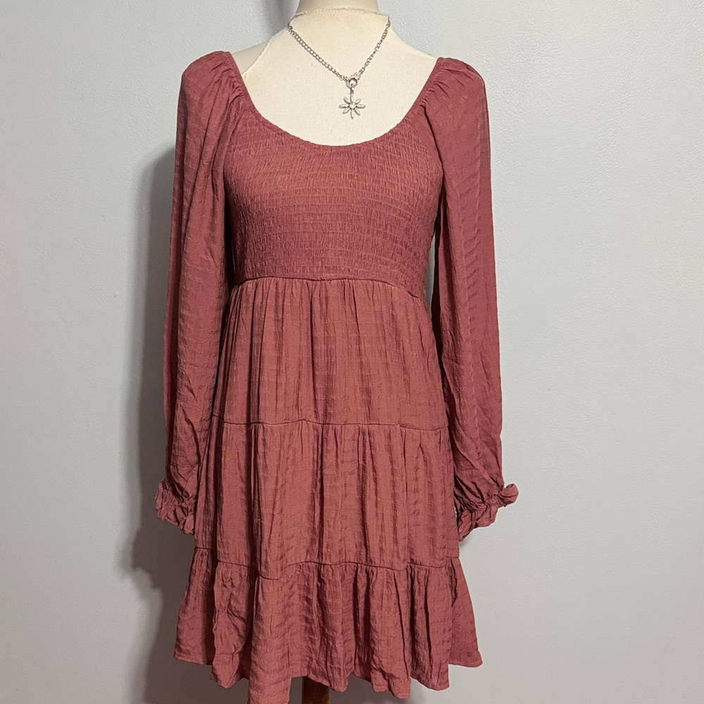 ANDREE BY UNIT Mauve Rose Smocked Tiered Long Sleeve Dress - Picture 1 of 5